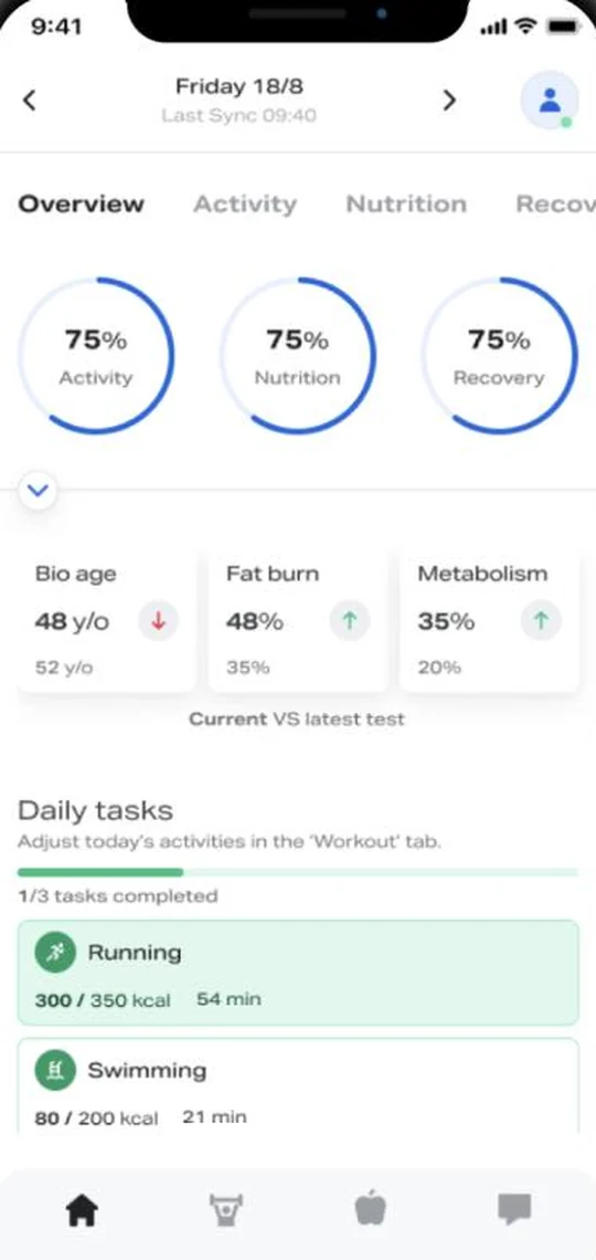 The Biovexity app dashboard, showing activity, nutrition and recovery rings alongside metabolic measures and the day's tasks.